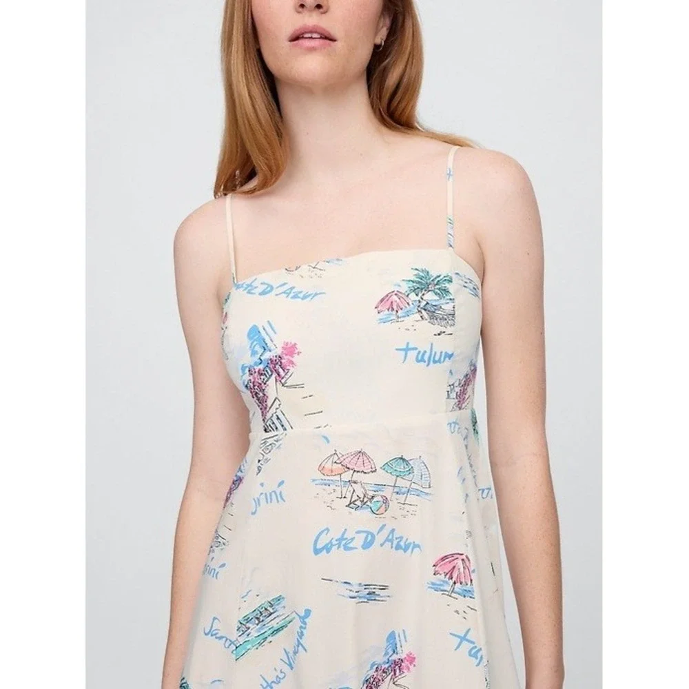 New Gap Dress Medium Fit & Flare Midi Vacationland White Spaghetti Strap Cotton